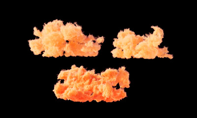 Three pieces orange clouds, isolated clouds on black background, 3d rendering