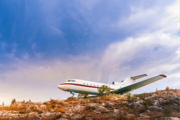 Sevan Lake, Armenia - May 10, 2017. Wreck of airplane Jak 40 of Armenian Airlines on coast of Sevan Lake