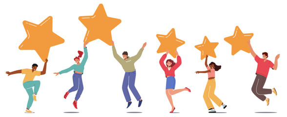 Tiny Male and Female Clients Characters Holding Huge Rating Stars. Consumer Feedback or Customer Review Evaluation