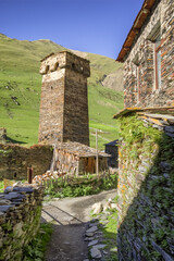 Fototapeta na wymiar Historical Svan tower in Mestia town, Svaneti region, Georgia