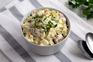 Homemade Healthy Potato Salad in a Bowl, side view.