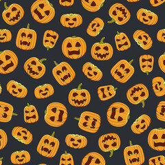 Seamless pattern with carved Halloween pumpkins. Colored vector background.