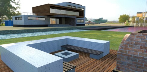 Cozy white brick patio in the yard of a new spacious house on the lake. Models of old aircraft. 3d render.