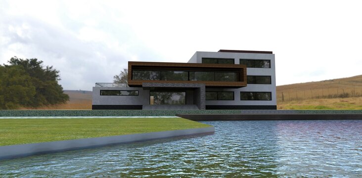 A modern three-story cozy house on the shore of an artificial lake. Straight lines, flat roof, spacious terraces. 3d render.