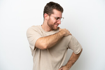 Young caucasian man isolated on white background suffering from pain in shoulder for having made an effort