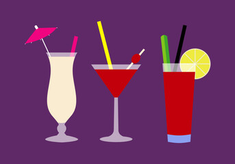 Cócteles, en vaso huracán o coctel, con sombrilla y pajita, en vaso vermut con pajita y guinda roja y en vaso  largo con rama de apio, rodaja de limón y pajita negra. Piña colada, vermut rojo y tomate