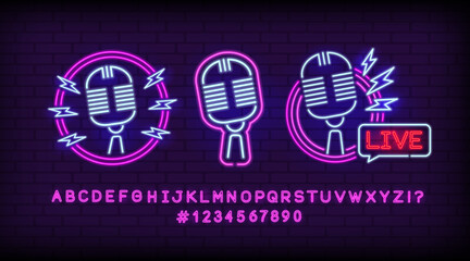 Neon sign with microphone in round frame and live chat or music. Live Music icon set. Online glowing style sign. Radio show or podcast icon. Play button neon icon set. Vector illustration