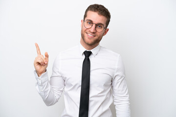 Young business caucasian man isolated on white background showing and lifting a finger in sign of the best