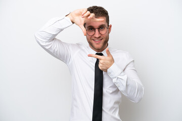 Young business caucasian man isolated on white background focusing face. Framing symbol