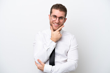 Young business caucasian man isolated on white background smiling