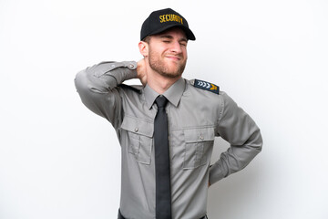 Young safeguard caucasian man isolated on white background with neckache