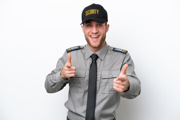 Young safeguard caucasian man isolated on white background pointing to the front and smiling