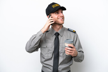 Young safeguard caucasian man isolated on white background holding coffee to take away and a mobile