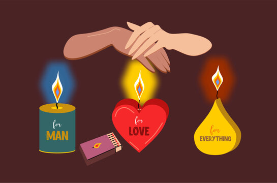 Atmospheric vector illustration where hands warm themselves over a candle flame. Candles in the form of a red heart, in the form of a yellow drop and a regular blue candle. Style flat,cartoon.SPA mood