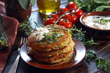 Zucchini fritters with sour cream dip