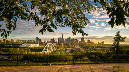 Edmonton cityscape and skyline with the view of Walterdale Bridge over Queen Elizabeth Park in Alberta, Canada
