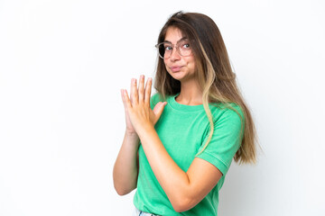 Young caucasian woman isolated on white background scheming something