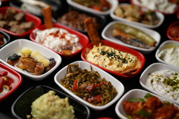 Turkish and Greek appetizers (meze) table. Traditional Turkish cuisine cold appetizers. Different types of appetizers in colorful special plates. Olives, hummus, yogurt, pickles etc.Selective focus.