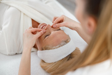 Close up of female cosmetologist doing facial massage for happy woman client in spa center