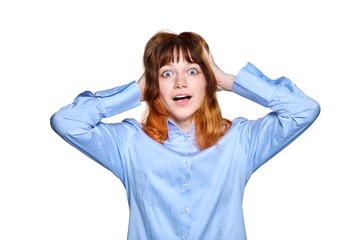 Surprised young teenage female on white isolated background