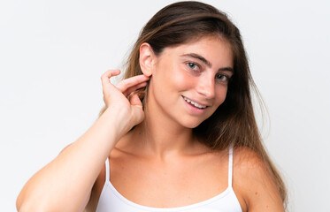 Young Pretty caucasian woman isolated on white background with happy expression. Close up portrait