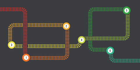 Vector illustration of curved railroad with marks isolated on dark background. Straight and curved railway train track infographic template. Top view railroad train path. 
