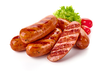 Roasted bavarian sausages, isolated on white background.