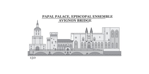 France,Papal-Palace, Episcopal Ensemble-Avignon Bridge city skyline isolated vector illustration, icons - obrazy, fototapety, plakaty
