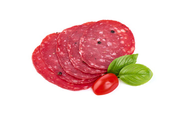 Spanish raw smoked salchichon sausage, isolated on white background.