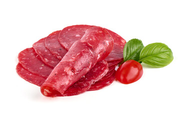 Spanish salchichon sausage, isolated on white background.