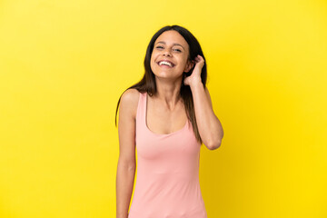 Young caucasian woman isolated on yellow background laughing