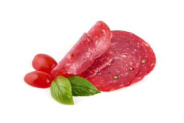 Spanish raw smoked salchichon sausage, isolated on white background.