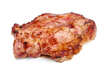 Roasted juicy pork steak, close-up, isolated on white background.