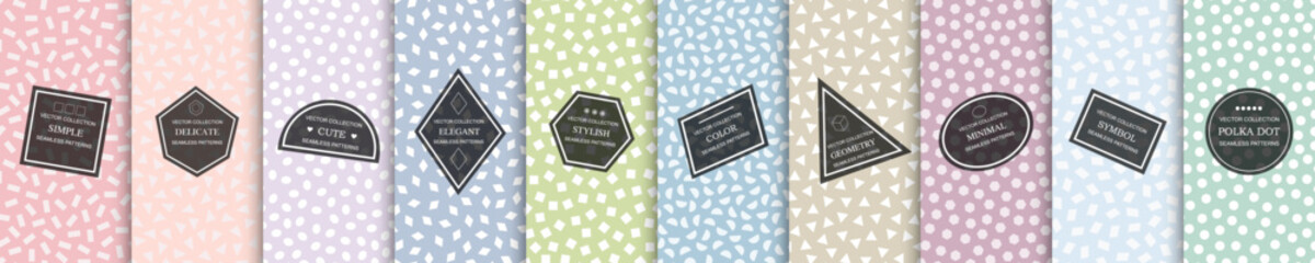 Collection of vector minimalistic seamless colorful patterns. Stylish delicate backgrounds with geometric shapes. Trendy textile cute prints