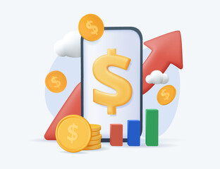 Internet online banking, investment and trading app. Crypto currency exchange, online wallet. Manage your finances 3D render modern vector illustration. Money, earnings with smartphone. 3D banking