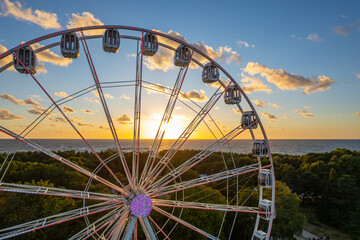 Aerial summer beautiful sunset view of Palanga ferris wheel (Baltic Sea), Lithuania