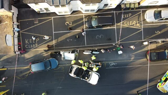 After A Car Accident, Police, Fire, Ambulance, Injured Woman Driver, Car Accident At Leagrave Road Luton England UK