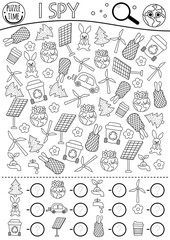 Ecological black and white I spy game for preschool kids. Searching and counting activity with solar panel, wind turbine. Earth day line printable worksheet. Simple eco awareness coloring page.