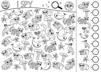 Ecological black and white I spy game for kids. Searching and counting activity with extinct animals. Earth day line printable worksheet. Eco awareness coloring page with endangered animals.
