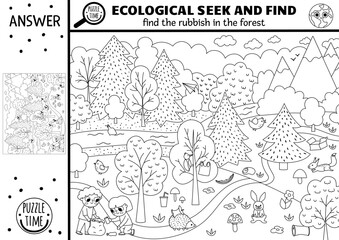 Vector black and white ecological searching game with forest landscape, rubbish. Spot hidden garbage in picture. Zero waste seek and find educational printable activity. Earth day coloring page.