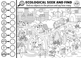 Vector black and white ecological searching game with eco city landscape. Spot hidden objects in the picture and say how many. Earth day seek and find and counting printable coloring page.
