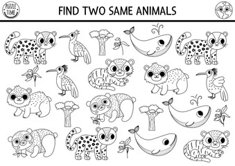 Find two same endangered animals. Ecological black and white matching activity for children. Eco awareness educational quiz or line worksheet for kids. Simple printable coloring page.