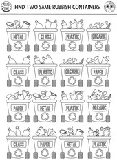 Find two same rubbish containers. Ecological black and white matching activity for children. Eco awareness educational line worksheet for kids. Zero waste printable coloring page.