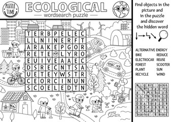 Vector ecological wordsearch puzzle for kids. Black and white Earth day word search quiz with eco city landscape. Eco awareness line activity. Environment friendly cross word, coloring page.