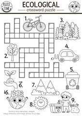 Vector ecological crossword puzzle for kids. Black and white Earth day coloring page with eco city landscape. Eco awareness educational line activity. Cute cross word with forest, planet.