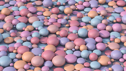 Pink, orange, blue, purple balls morphing. Abstract illustration, 3d render.