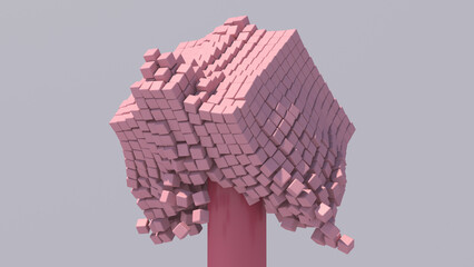 Pink stick and cubes. Gray background. Abstract illustration, 3d render.