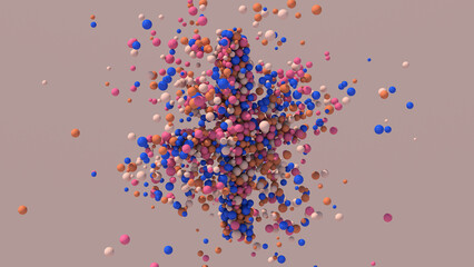 Group of blue, beige, pink, orange balls flying. Beige background. Abstract illustration, 3d render.