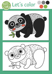 Ecological coloring page for children with panda bear. Vector eco awareness outline illustration with cute animal. Color book for kids with colored example. Drawing skills printable worksheet.