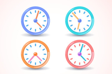 Set of 3d render icons of clock, stylized modern graphic of vintage clock